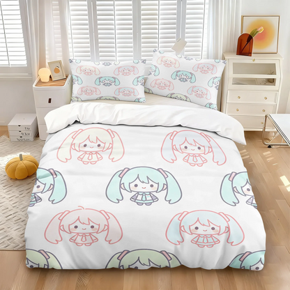 Hatsune Miku Chibi Style påslakanset – Söt anime-sängklädsel med örngott – Spelrum – Tonåringars och barns sovrumsinredning – Present till fans