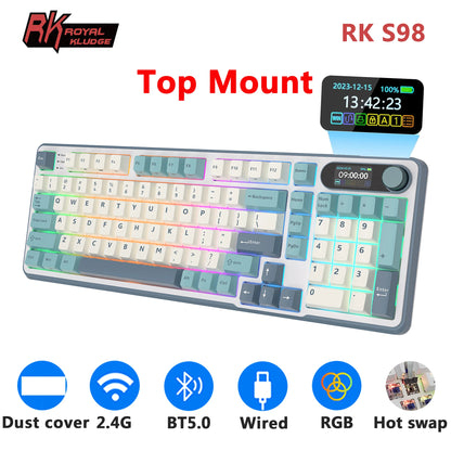 Clavier mécanique RK ROYAL KLUDGE S98 avec écran TFT en surface, 98 touches, RGB, BT 5.0/2,4 GHz/USB-C, clavier gaming sans fil, remplaçable à chaud