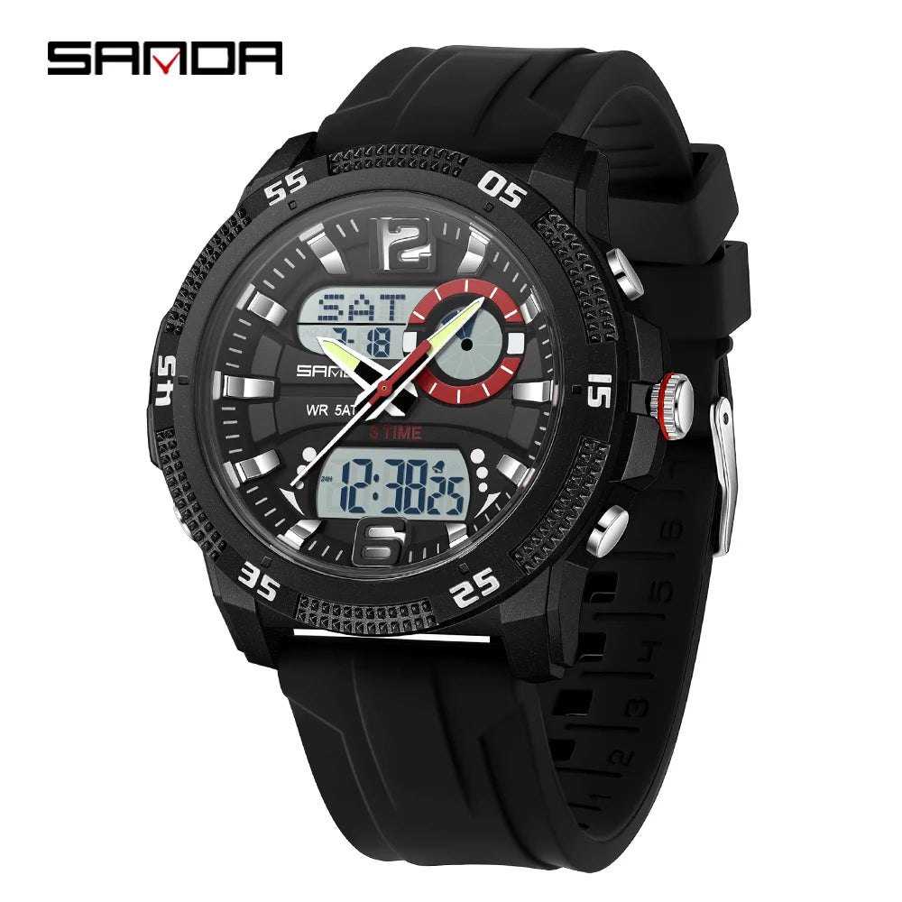 SANDA Fashion Luxury Men's Watches Dual Digital Display Sport Analog Quartz Man Wristwatch Casual Waterproof Silica Chronograph