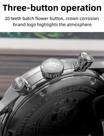 ADDIESDIVE AD2037 Men Quartz Watch Multifunctional 24 Hour Chronograph Black Dial Leather Watches  100m Dive Business Wristwatch