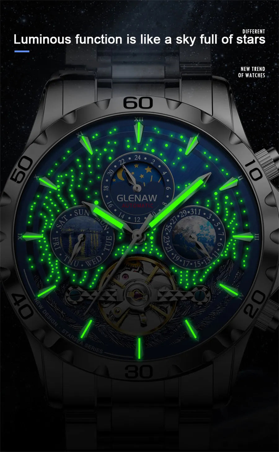 GLENAW Design Mens Watches Top Brand Luxury Fashion Business Automatic Watch Men's Waterproof Mechanical Watch Montre Homme