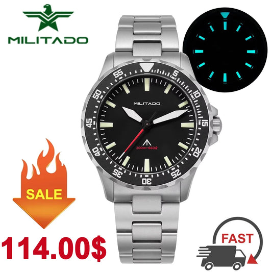 Militado ML16 Quartz Watch VH31 Sweep Movement Sapphire Super Luminova Watches Stainless Steel 200m Waterproof Wristwatch