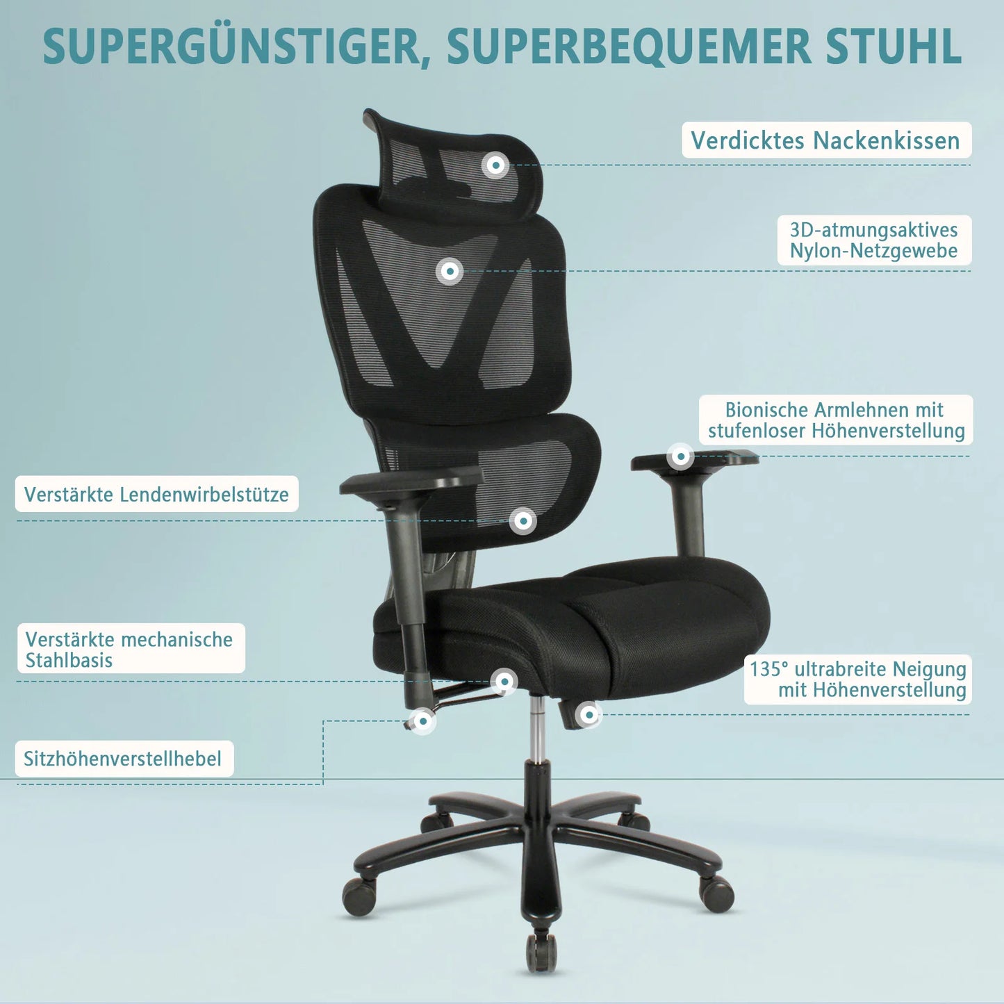 Desk Chair Ergonomic Office Chair with 135° Recline, 3D Breathable Nylon Net, Adjustable Neck & Lumbar Support, B