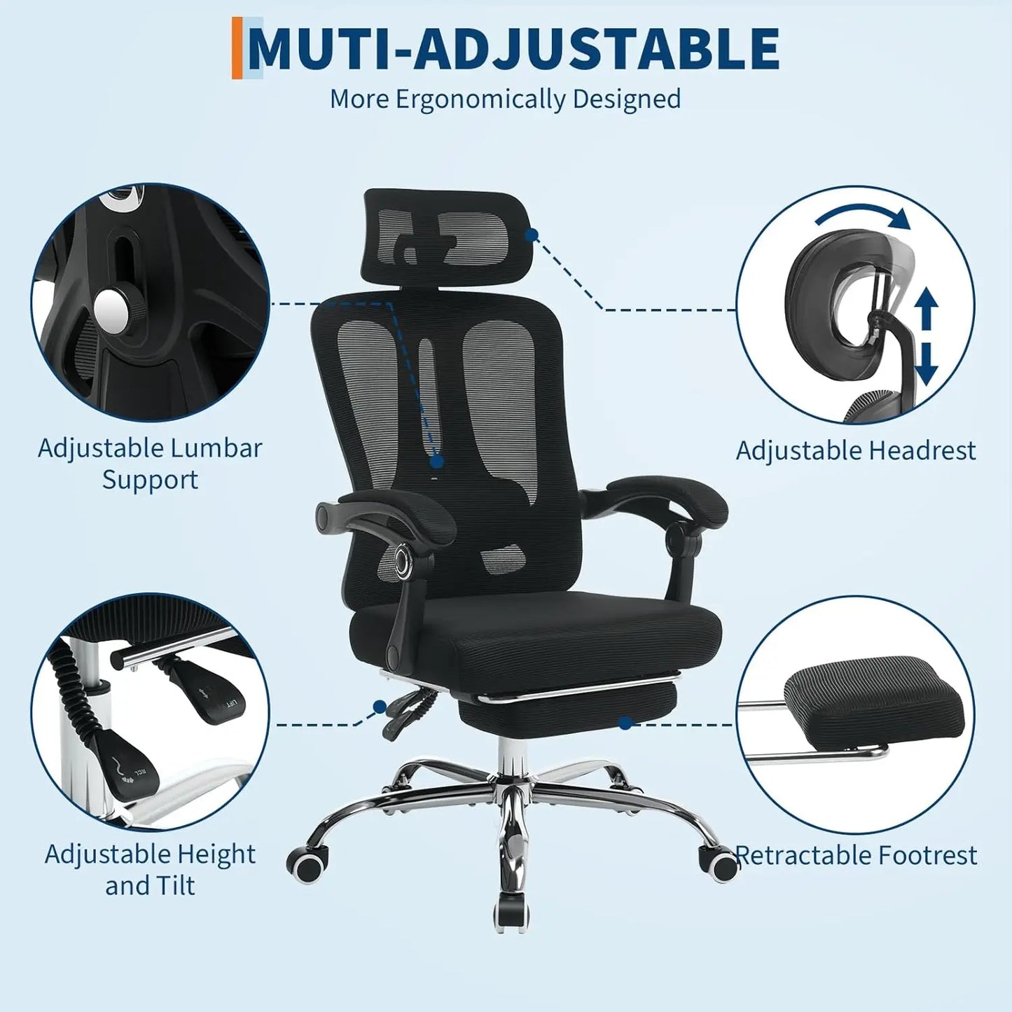 Ergonomic High Back Mesh Gaming Chair with Retractable Footrest, Adjustable Headrest & Lumbar Support, Spacious Comfortable Office Desk Chair with Wheels, Swivel Computer Seating for Home Study & Work, Large Size, Black