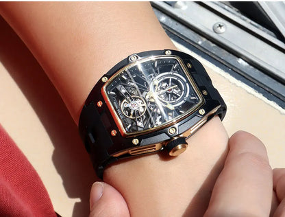 MINI FOCUS Orologio da polso da uomo fashion nero impermeabile, automatico meccanico, con lancette luminose, cinturino in silicone e quadrante tonneau
