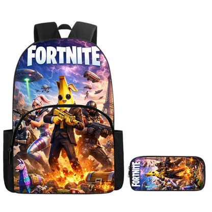 Fortnite Cartoon 2-Piece Set Backpack with Front Pocket Pencil Case Unisex Large Capacity School Bag Ages 5-8