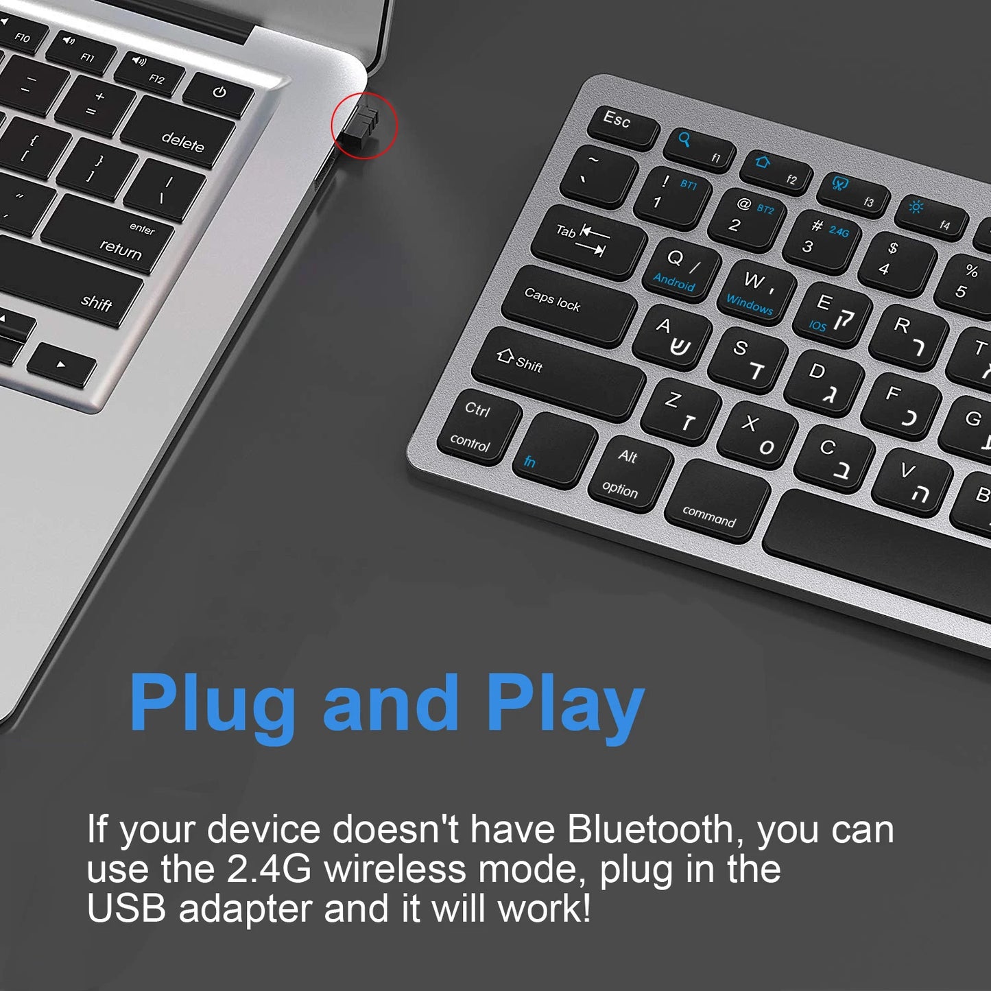 Hebrew English Layout Wireless Keyboard Bluetooth & 2.4G Dual Mode Keyboard Slim and Compact Ergonomic for Windows iOS Android