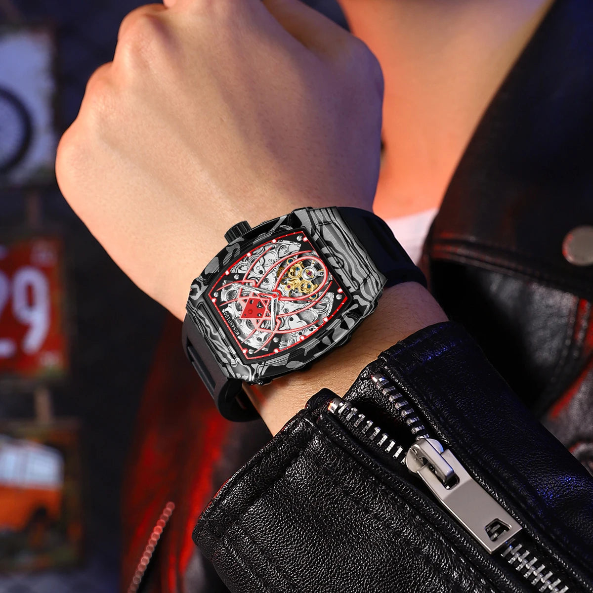 MUSANFIGO automatic hollow mechanical watch, barrel shaped fashionable men's trendy watch, luminous waterproof watch