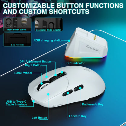 SOLAKAKA SM820 Tri-Mode Wireless Gaming Mouse with RGB Charging Dock, PAW3311 Sensor, 26000 DPI, Ultra-Light Rechargeable Wireless Gaming Mouse