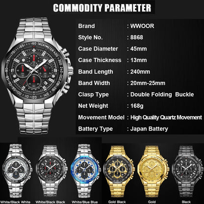Sports Watches For Men Fashion Quartz Men Big Clock WWOOR Top Brand Luxury Military Full Steel Waterproof Chronograph Wristwatch