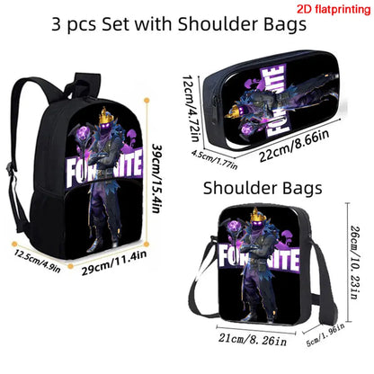 FORTNITE 3-Piece Lightweight Backpack Set with Front Pocket, Crossbody Bag & Pencil Case for Ages 5-10 Boys and Girls, Includes Free 3D Printed Keychain