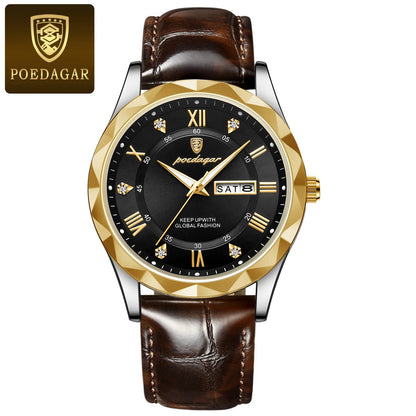Ceas pentru bărbați POEDAGAR, model original de lux: rezistent la apă, luminescent, cu afișaj pentru dată și zi. Ceas cu cuarț în stil clasic și profesional, prevăzut cu o brățară din piele.