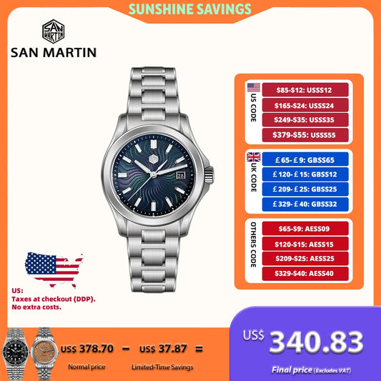 San Martin 39mm Miyota 9015 Turbine Guilloche MOP Dial Men Luxury Watch Automatic 3H Date Quick Adjust BGW-X1 Luminous SN0150-1