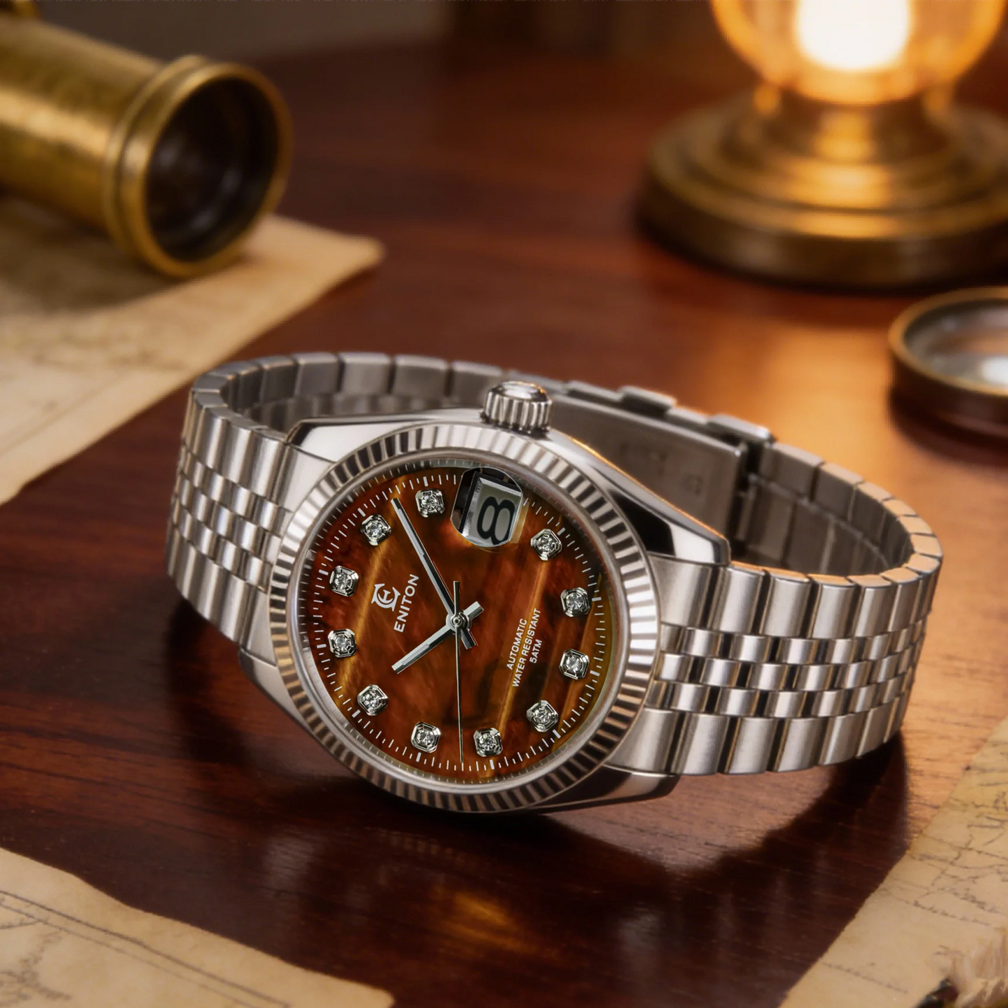 Eniton 36mm Men's Mechanical Watch Stainless Steel Peacock Stone Tiger Eye Dial NH35 Movement