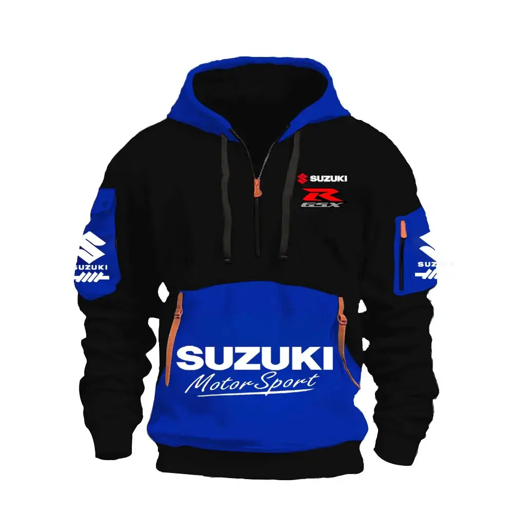2025 Suzuki Logo Hoodie Motorcycle Racing Cycling Sweatshirt Racing Clothing Sweatshirt Half Zipper Multi-pocket Zipper Hoodie, Produit gaming premium Fraquane