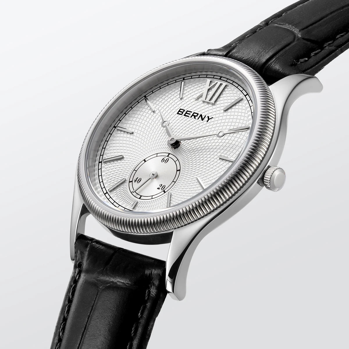 BERNY Men's Watches Luxury Classic Stylish Dress Quartz Watch Slim Stainless Steel Case Elegance Leather Strap Wristwatch