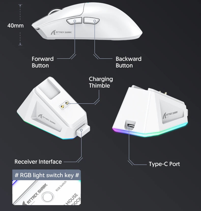 Attack Shark X11&R1 třirežimová bezdrátová Bluetooth myš s nabíjecí základnou, RGB, ergonomická, lehká myš, příslušenství pro PC hráče