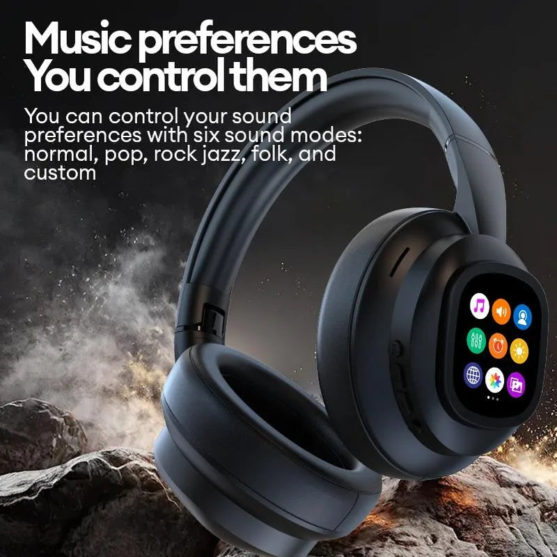 Auscultadores Bluetooth sem fios com ecrã tátil LCD AI – Headset gaming com cancelamento de ruído ANC, graves profundos e microfone HD