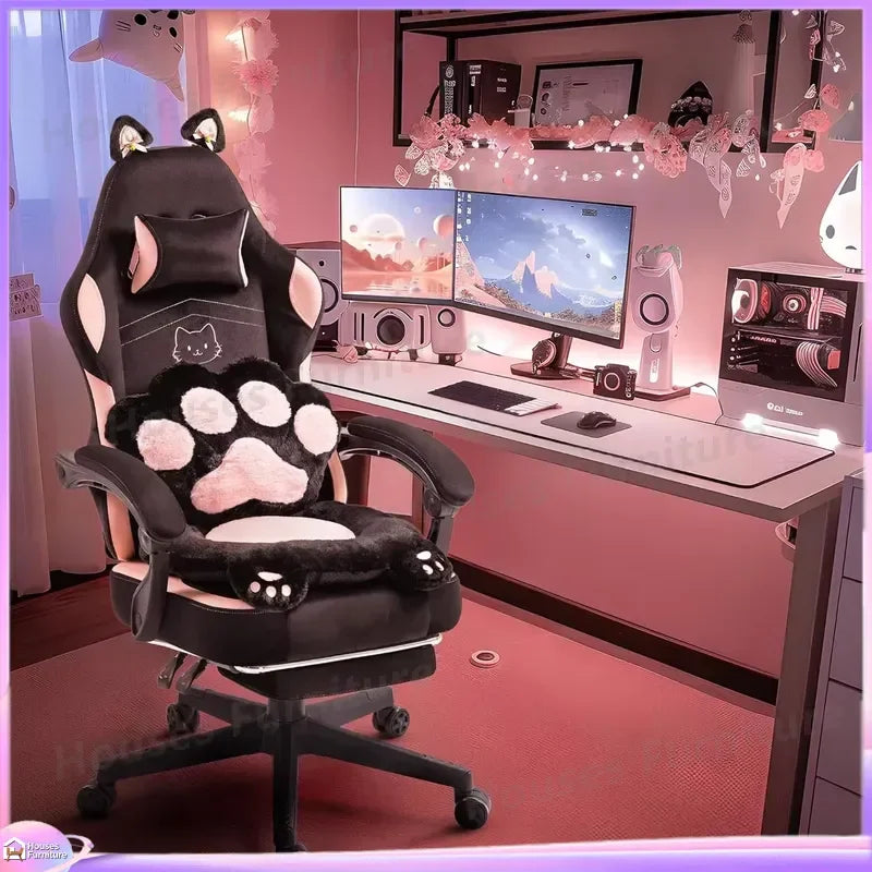 Chaise de jeu pour adultes, chaise d'ordinateur ergonomique inclinable avec support lombaire et appui-tête, lumières LED RGB, design oreilles de chat