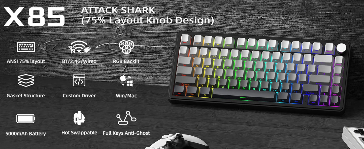 Teclado mecánico ATTACK SHARK X85 trimodo Gasket 75% con perilla CNC, acolchado de 5 capas, hot-swap, retroiluminación RGB y NKRO