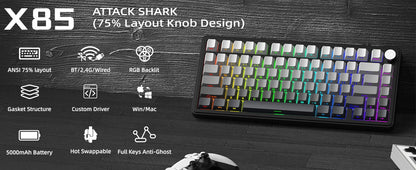 Teclado mecánico ATTACK SHARK X85 trimodo Gasket 75% con perilla CNC, acolchado de 5 capas, hot-swap, retroiluminación RGB y NKRO
