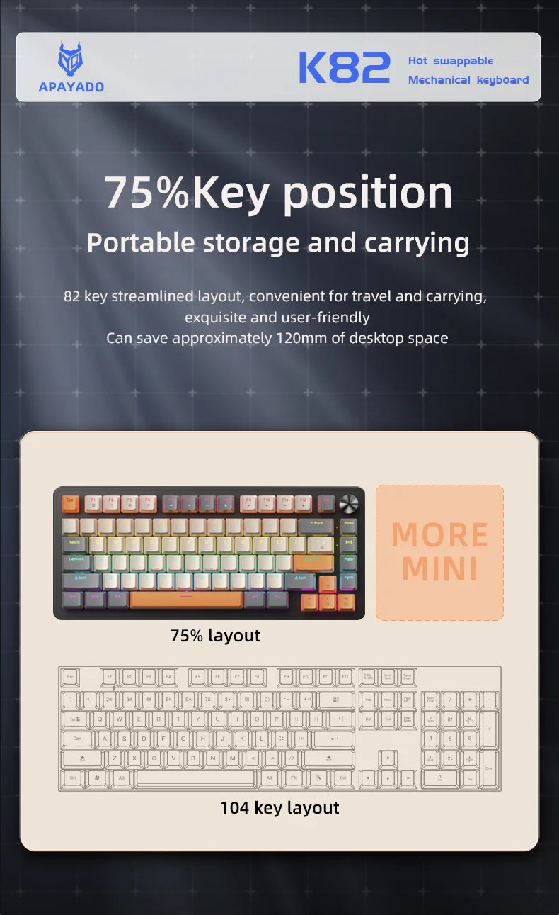 APAYADO 75% Mechanical Keyboard Wired Gaming Keyboard with Media Knob, Hot-Swappable RGB Backlit 82-Key Mechanical Keyboard for PC & Laptop