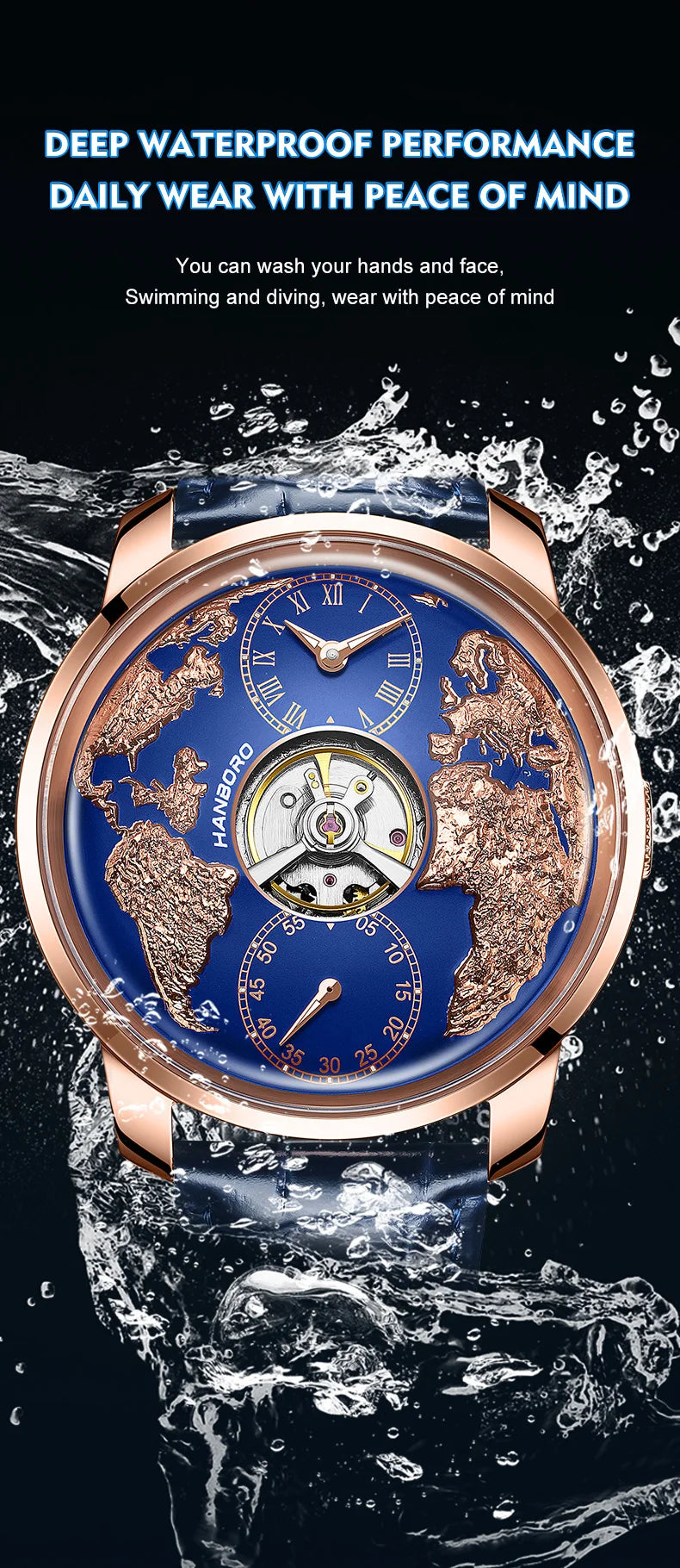HANBORO World Time Series Men's Fully Automatic Mechanical Watch with Hollow Flywheel World Earth Personality Watch 1026