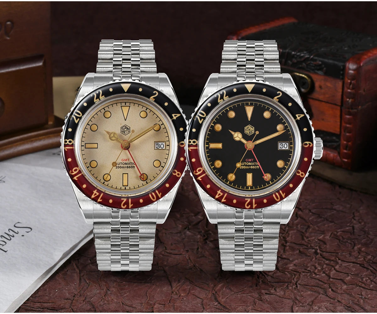 San Martin 40mm SN0005 Retro GMT NH34 Automatic Distressed Patina Dial Bi-color Sapphire Bezel Jubilee Mens Watches 20Bar Lume