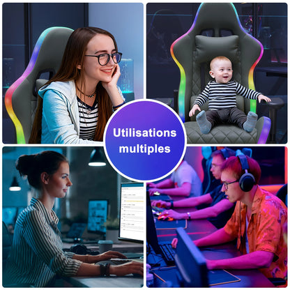 Gaming Chair, Ergonomic Gaming Chair with LED, Adjustable Computer Chair for Teenagers, Lumbar Cushion, Gamer Chair, Black