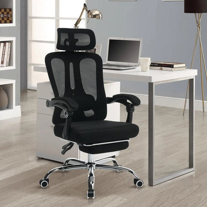 Ergonomic High Back Mesh Gaming Chair with Retractable Footrest, Adjustable Headrest & Lumbar Support, Spacious Comfortable Office Desk Chair with Wheels, Swivel Computer Seating for Home Study & Work, Large Size, Black