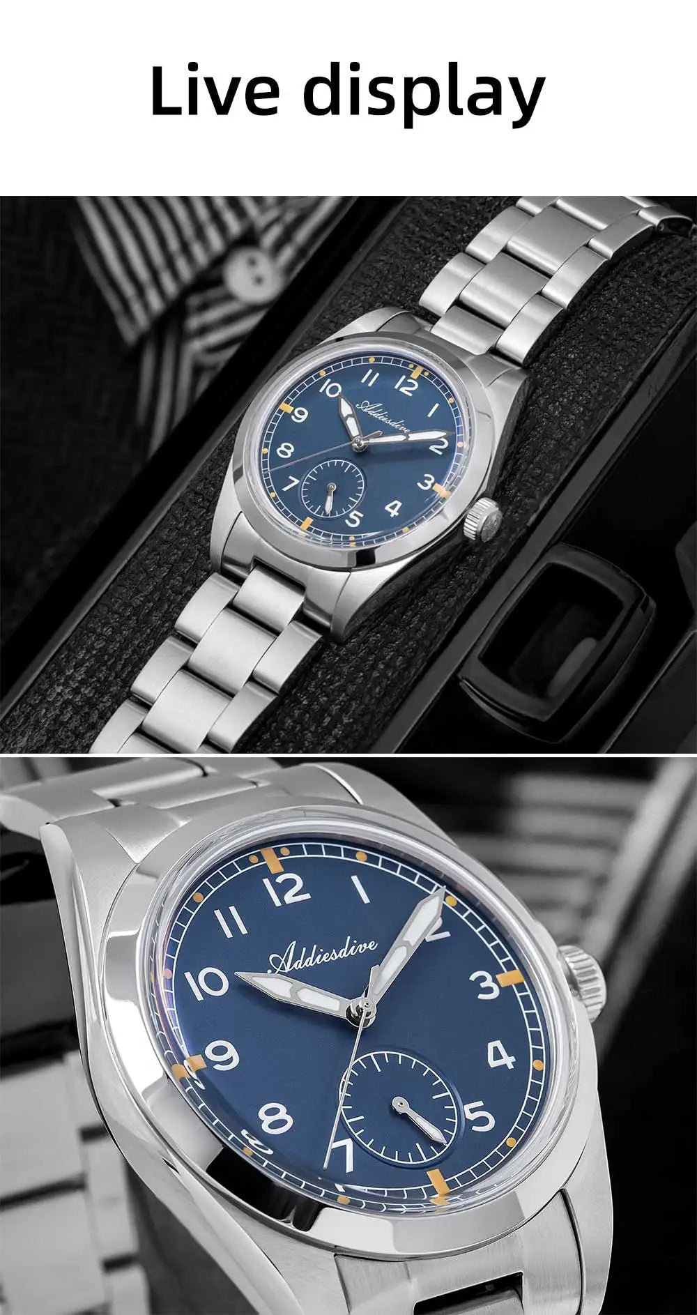 Orologio da uomo ADDIESDIVE 36mm al quarzo VH60, luminoso BGW9, vetro bombato, impermeabile 10Bar, in acciaio inossidabile