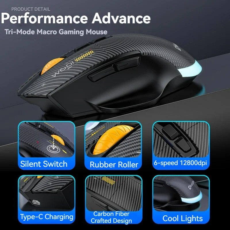 12800 DPI 2.4G Wireless Bluetooth Wired Tri-mode Mouse Mute Button Macro Programming Carbon Fiber Gaming Mouse 500mAh 7 Keys