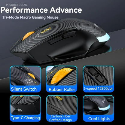 12800 DPI 2.4G Wireless Bluetooth Wired Tri-mode Mouse Mute Button Macro Programming Carbon Fiber Gaming Mouse 500mAh 7 Keys