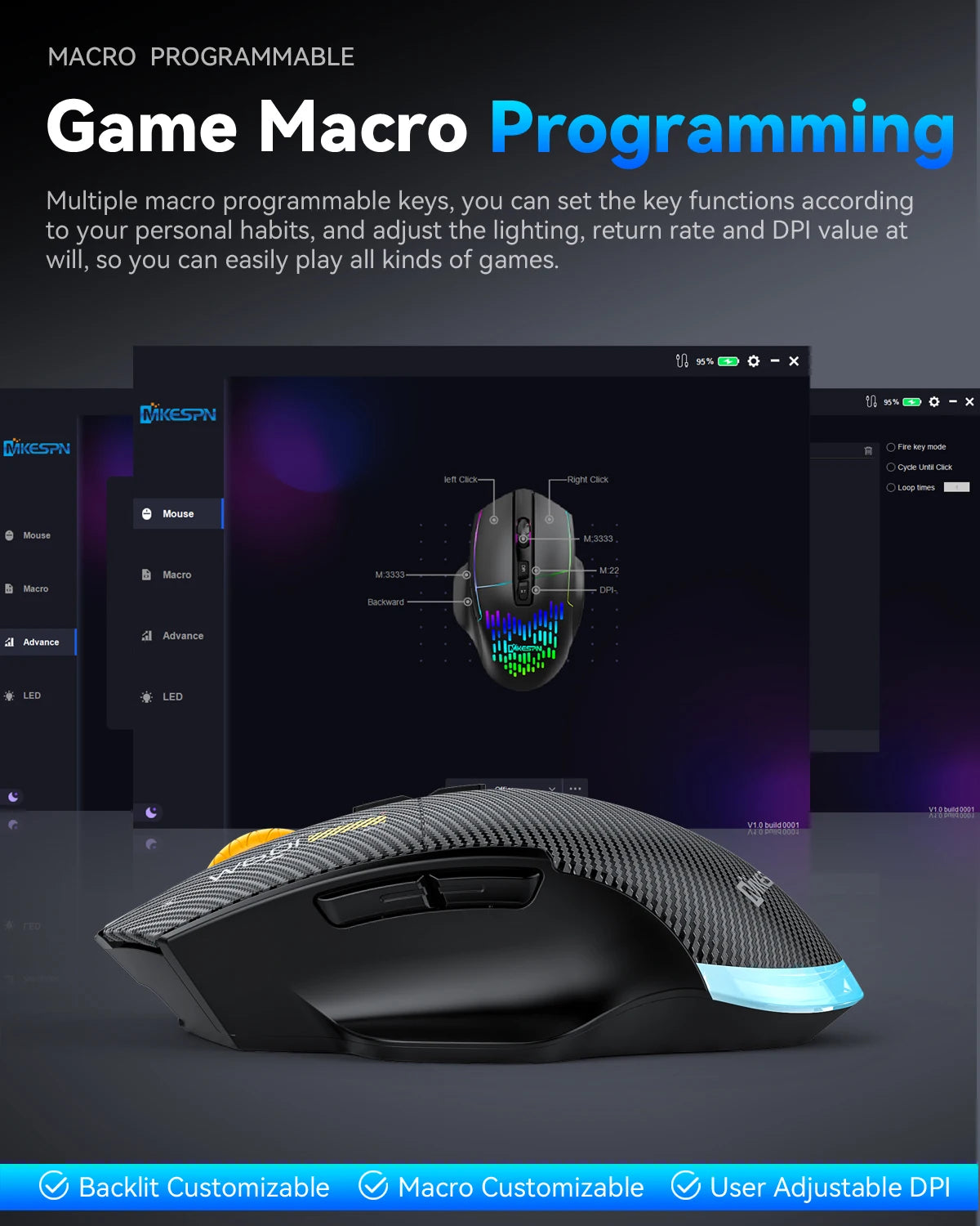 12800 DPI 2.4G Wireless Bluetooth Wired Tri-mode Mouse Mute Button Macro Programming Carbon Fiber Gaming Mouse 500mAh 7 Keys