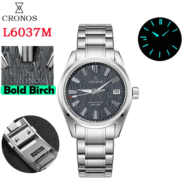 Cronos Men Watch 39mm Automatic Wristwatches White Dial Solid Links Sapphire 10 ATM L6037M