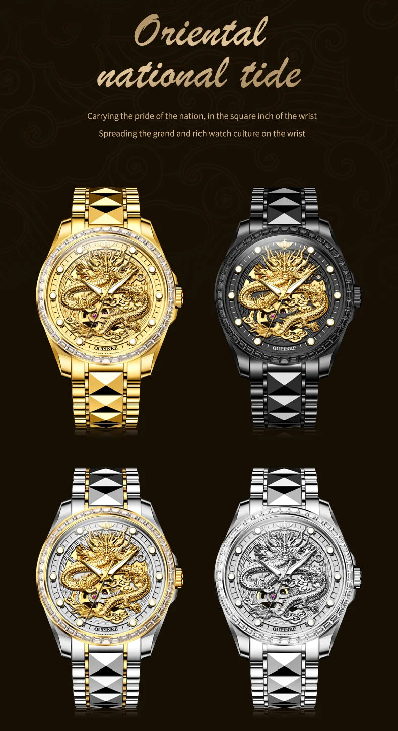 OUPINKE Herrenarmbanduhr, Top-Marke, Luxus, Gold, Wolframstahl, originale automatische mechanische Armbanduhr mit Zifferblatt im Drachenmuster