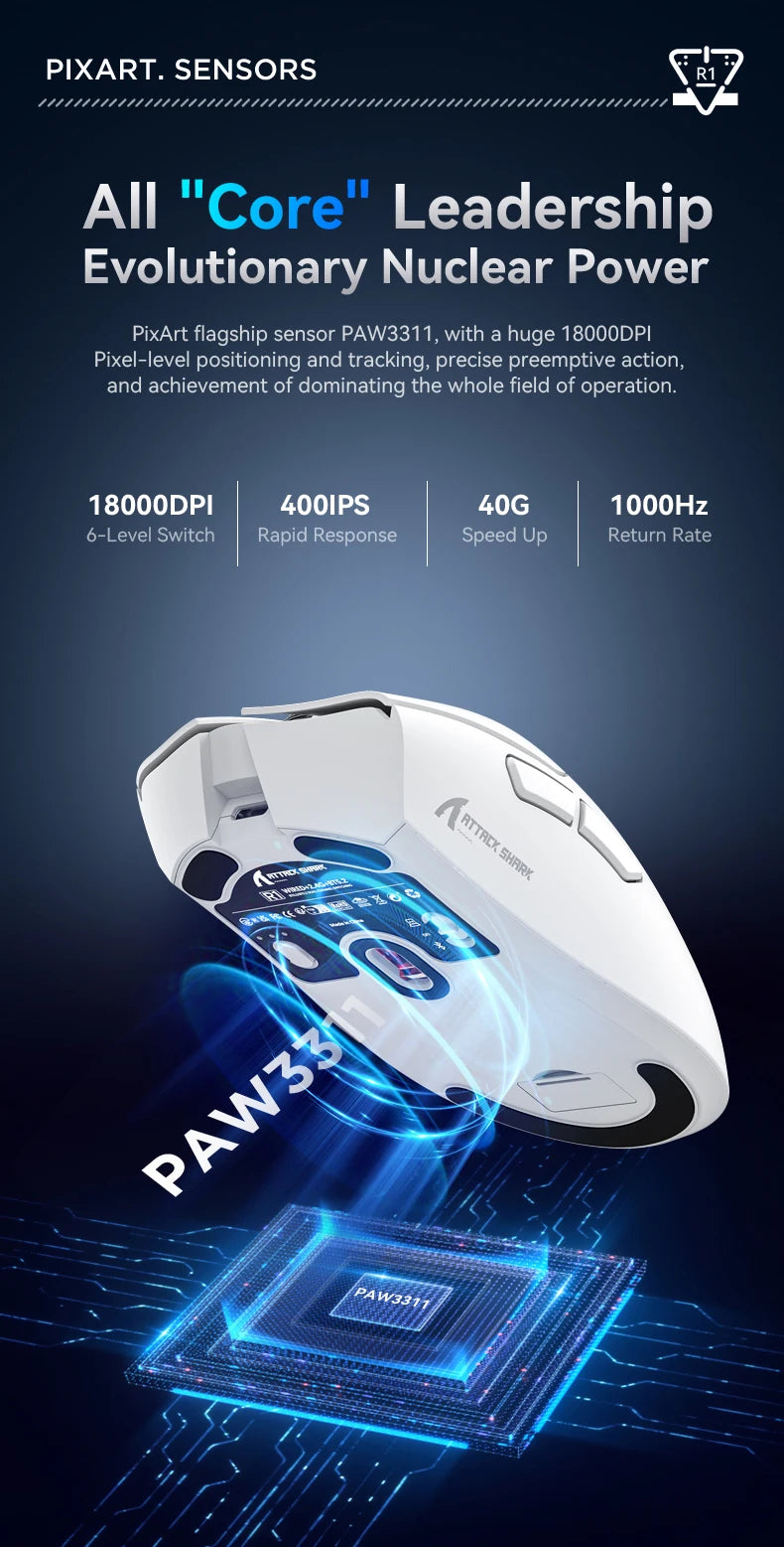 Attack Shark R1 18000dpi Wireless Mouse, 1000Hz, Tri-mode Connection, PAW3311, Macro Gaming Mouse