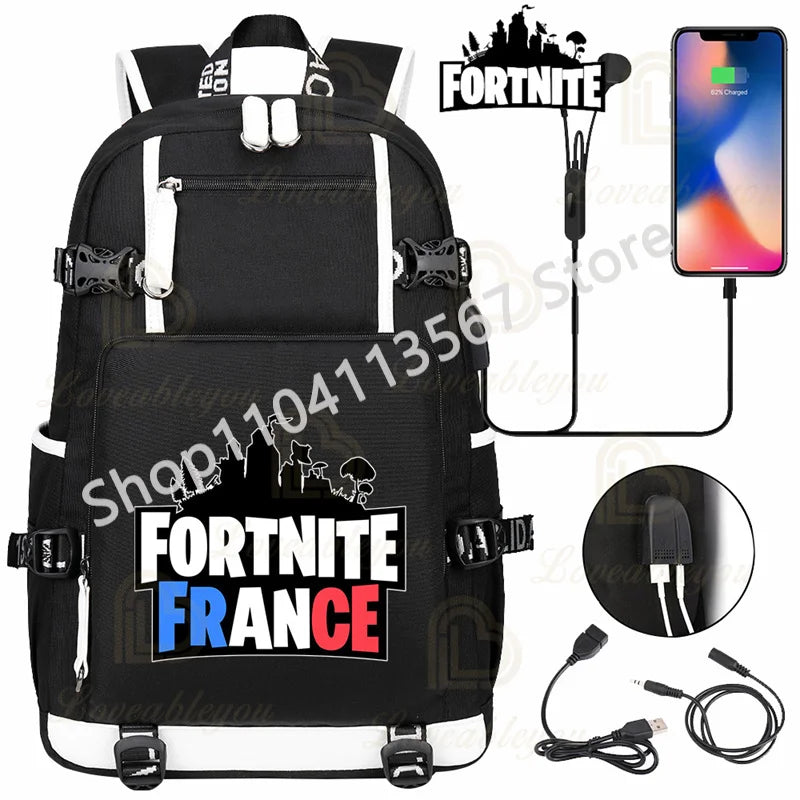 Ultima Knight F-Fortnited Battle Royale Rucksack mit USB-Ladeanschluss, Anime-Figuren und Studienfach für Schreibwaren für Schüler