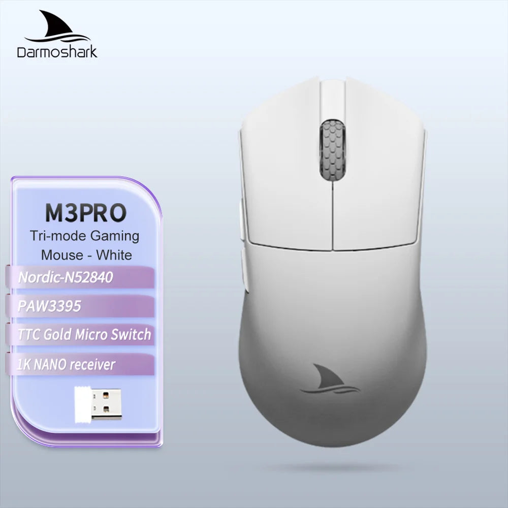 Mouse da gaming Darmoshark M3Pro 2.4G BT wireless tri-mode, sensore PAW3395, N52840, 26000DPI, mouse con driver macro per mani grandi per il gaming