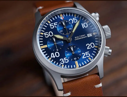 Baltany Quartz Chronograph S5045 Sunburst Blue Dial VK67 100M Stainless Steel Calendar Window Sapphire Vintage Military Watches