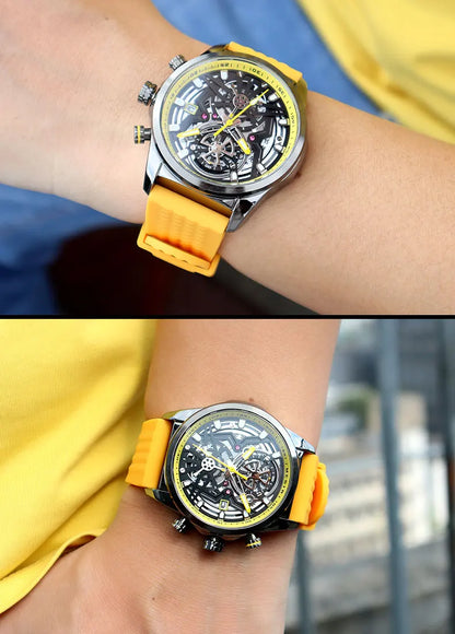 MEGIR Chronograph Quartz Watch Men Fashion Waterproof Yellow Silicone Strap Sport Wristwatch with Luminous Hands Auto Date 2235