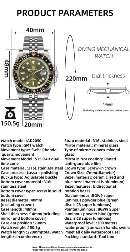 ADDIESDIVE Watch For Man Quartz GMT 20Bar Waterproof BGW9 Super Luminous 316L Stainless Steel Ceramic Bezel Watch