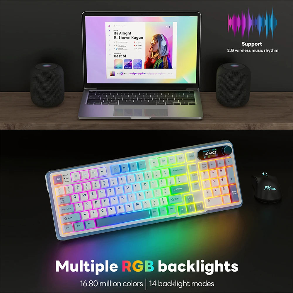 Clavier mécanique RK ROYAL KLUDGE S98 avec écran TFT en surface, 98 touches, RGB, BT 5.0/2,4 GHz/USB-C, clavier gaming sans fil, remplaçable à chaud