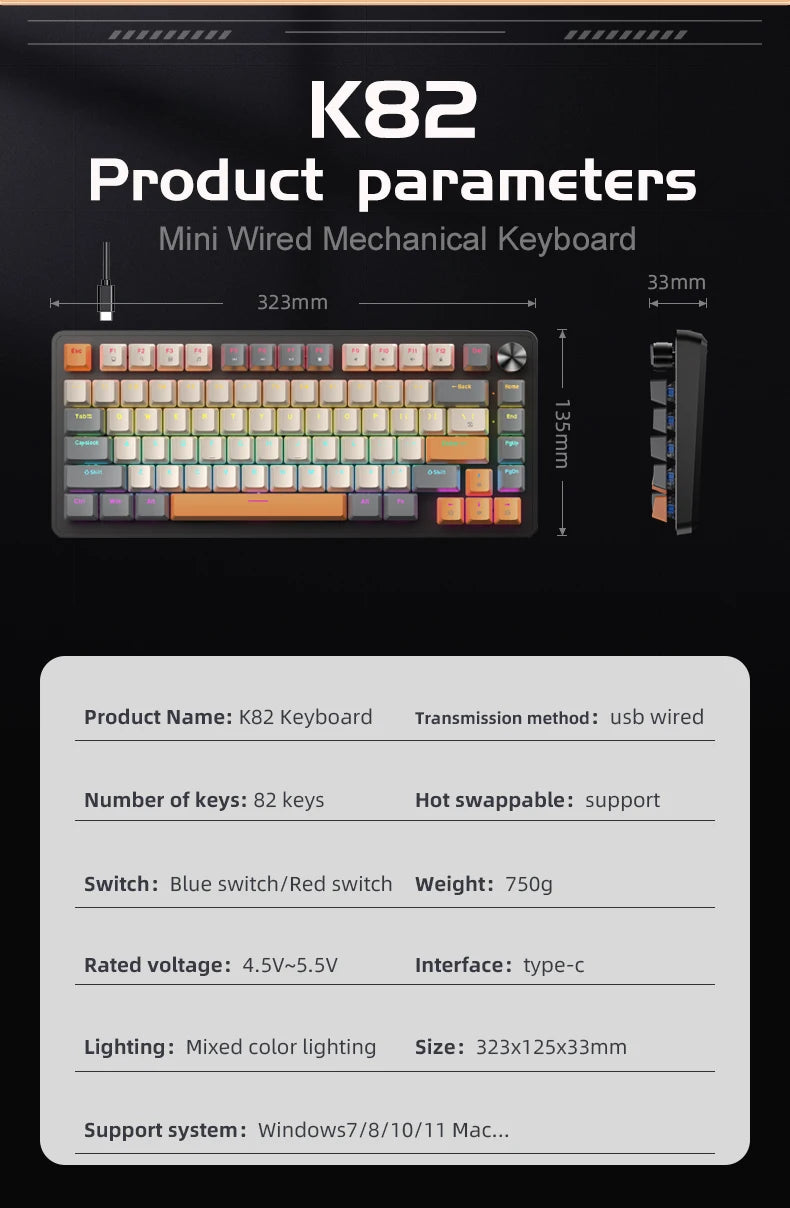 APAYADO 75% Mechanical Keyboard Wired Gaming Keyboard with Media Knob, Hot-Swappable RGB Backlit 82-Key Mechanical Keyboard for PC & Laptop
