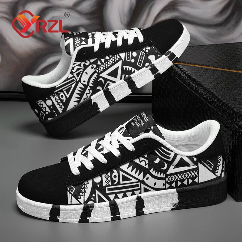 YRZL Men's Sports Running Shoes Canvas Geometric Style Lace-Up Sneakers Couples' Fashionable Graffiti Print Skate Shoes