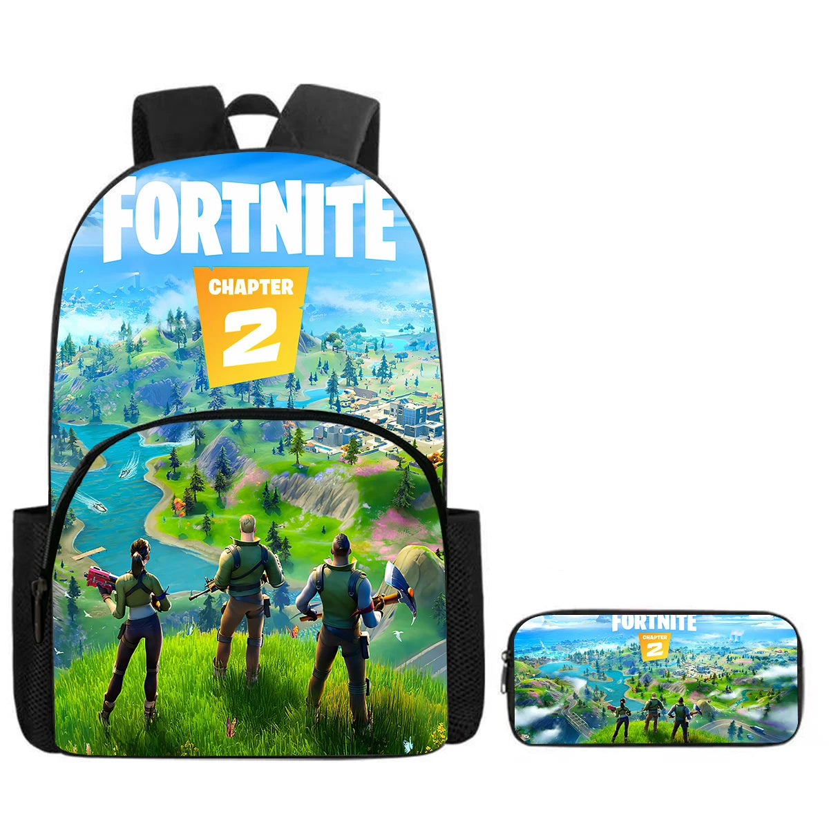Fortnite Cartoon Backpack with Front Pocket & Pencil Case 2PCS - School Set for Boys Girls Age 5-8, Back to School Gift