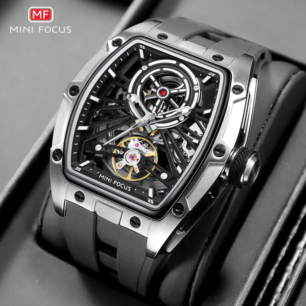 MINI FOCUS Orologio da polso da uomo fashion nero impermeabile, automatico meccanico, con lancette luminose, cinturino in silicone e quadrante tonneau