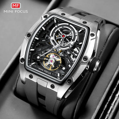 MINI FOCUS Orologio da polso da uomo fashion nero impermeabile, automatico meccanico, con lancette luminose, cinturino in silicone e quadrante tonneau