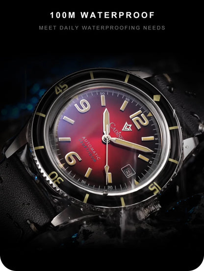 CADISEN 2026 Watch Men Mechanical Wristwatches MIYOTA 8215 Movement Genuine Leather Strap Waterproof Luminous Red Mens Watches