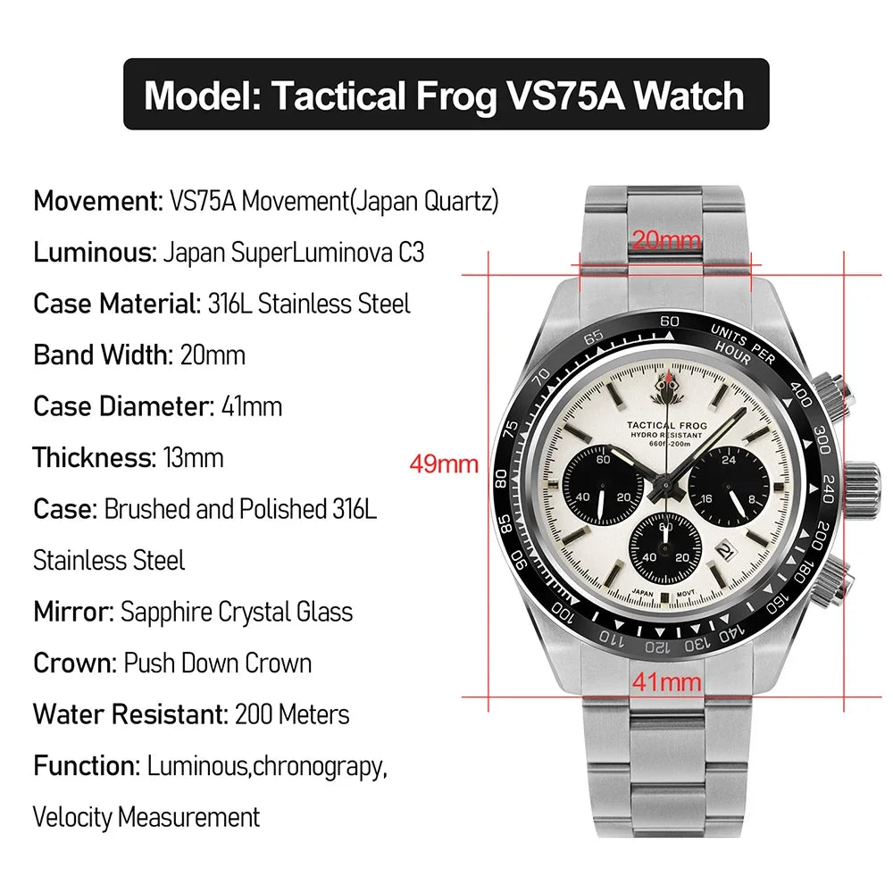 Tactical Frog Quartz Watch VS75 Solar Chronograph Sapphire 200m Waterproof Luxury Watch Luminous Quartz Movement 41mm Mens Watch